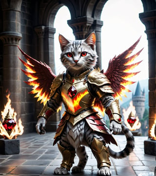 (16k), (masterpiece), (full body shot,), (highest quality), (highly complex), (realistic), (sharp focus), (cinematic lighting), (highly detailed), (full body shot,) , In a magnificent castle filled with golden decorations, a Cat, Anthropomorphic, Standing on two legs, Cat wearing fiery red gem-encrusted armor, Fiery red wings inlaid with gems, Metal wings emit flames, accurate anatomical body and hands, hands radiating fire, delicate features, Red eyes, eyes radiating fire, Perfect cat body proportions, realistic, cat,ral-lava