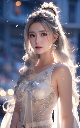 The background is midnight sky,big blue moon,dark night,snow blowing,16 yo, 1 girl,sword,halo,shining bracelet,beautiful hanfu(white, transparent),cape, cloth blowing in wind, solo, {beautiful and detailed eyes}, calm expression, natural and soft light, delicate facial features, cute japanese idol, very small earrings, ((model pose)), Glamor body type, (silver hair:1.2),  beehive,big bun,very_long_hair, hair past hip, curly hair, flim grain, realhands, masterpiece, Best Quality, photorealistic, ultra-detailed, finely detailed, high resolution, perfect dynamic composition, beautiful detailed eyes, eye smile, ((nervous and embarrassed)), sharp-focus, full_body, sexy pose,QQQ3