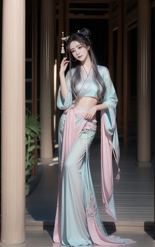 best quality, masterpiece, beautiful and aesthetic, 16K, The splendid ancient Chinese palace architecture, big blue moon, dark night, snow blowing, 1 girl, halo, shining bracelet, (beautiful hanfu, white, pink, Hanfu with many embroideries,), The sleeves and skirt of Hanfu flutter in the wind, solo, {beautiful and detailed eyes}, melancholy expression, natural and soft light, delicate facial features, vearrings, Gorgeous necklace, ((sexy pose)), Glamor body type, (white hair,),  beehive, bun,very long hair, hair past hip, curly hair, flim grain, realhands, masterpiece, Best Quality, photorealistic, ultra-detailed, finely detailed, high resolution, perfect dynamic composition, beautiful detailed eyes, eye smile, ((nervous, embarrassed)), sharp focus, full body, sexy pose, KKK3