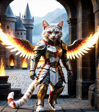 (16k), (masterpiece), (full body shot,), (highest quality), (highly complex), (realistic), (sharp focus), (cinematic lighting), (highly detailed), (full body shot,) , In a magnificent castle filled with golden decorations, White cat, Anthropomorphic, Standing on two legs, Cat wearing fiery red gem-encrusted armor, Fiery red wings inlaid with gems, Metal wings emit flames, accurate anatomical body and hands, hands radiating fire, delicate features, Red eyes, eyes radiating fire, Perfect cat body proportions, realistic, cat,ral-lava