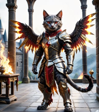 (16k), (masterpiece), (full body shot,), (highest quality), (highly complex), (realistic), (sharp focus), (cinematic lighting), (highly detailed), (full body shot,) , In a magnificent castle filled with golden decorations, a Cat, Anthropomorphic, Standing on two legs, Cat wearing fiery red gem-encrusted armor, Fiery red wings inlaid with gems, Metal wings emit flames, accurate anatomical body and hands, hands radiating fire, delicate features, Red eyes, eyes radiating fire, Perfect cat body proportions, realistic, cat,ral-lava