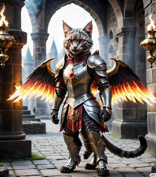 (16k), (masterpiece), (full body shot,), (highest quality), (highly complex), (realistic), (sharp focus), (cinematic lighting), (highly detailed), (full body shot,) , In a magnificent castle filled with golden decorations, a Cat, Anthropomorphic, Standing on two legs, Cat wearing fiery red gem-encrusted armor, Fiery red wings inlaid with gems, Metal wings emit flames, accurate anatomical body and hands, hands radiating fire, delicate features, Red eyes, eyes radiating fire, Perfect cat body proportions, realistic, cat,ral-lava