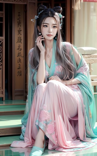 best quality, masterpiece, beautiful and aesthetic, 16K, The splendid ancient Chinese palace architecture, big blue moon, dark night, snow blowing, 1 girl, halo, shining bracelet, (beautiful hanfu, white, pink, Hanfu with many embroideries,), The sleeves and skirt of Hanfu flutter in the wind, solo, {beautiful and detailed eyes}, melancholy expression, natural and soft light, delicate facial features, vearrings, Gorgeous necklace, ((sexy pose)), Glamor body type, (white hair,),  beehive, bun,very long hair, hair past hip, curly hair, flim grain, realhands, masterpiece, Best Quality, photorealistic, ultra-detailed, finely detailed, high resolution, perfect dynamic composition, beautiful detailed eyes, eye smile, ((nervous, embarrassed)), sharp focus, full body, sexy pose, KKK3