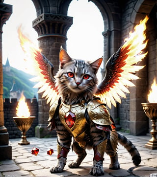 (16k), (masterpiece), (full body shot,), (highest quality), (highly complex), (realistic), (sharp focus), (cinematic lighting), (highly detailed), (full body shot,) , In a magnificent castle filled with golden decorations, a Cat, Anthropomorphic, Standing on two legs, Cat wearing fiery red gem-encrusted armor, Fiery red wings inlaid with gems, Metal wings emit flames, accurate anatomical body and hands, hands radiating fire, delicate features, Red eyes, eyes radiating fire, Perfect cat body proportions, realistic, cat,ral-lava