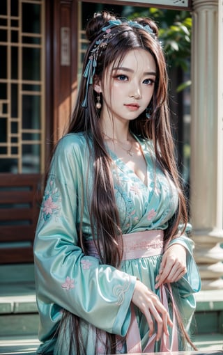 best quality, masterpiece, beautiful and aesthetic, 16K, The splendid ancient Chinese palace architecture, big blue moon, dark night, snow blowing, 1 girl, halo, shining bracelet, (beautiful hanfu, white, pink, Hanfu with many embroideries,), The sleeves and skirt of Hanfu flutter in the wind, solo, {beautiful and detailed eyes}, melancholy expression, natural and soft light, delicate facial features, vearrings, Gorgeous necklace, ((sexy pose)), Glamor body type, (white hair,),  beehive, bun,very long hair, hair past hip, curly hair, flim grain, realhands, masterpiece, Best Quality, photorealistic, ultra-detailed, finely detailed, high resolution, perfect dynamic composition, beautiful detailed eyes, eye smile, ((nervous, embarrassed)), sharp focus, full body, sexy pose,