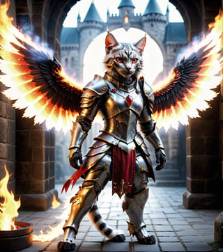 (16k), (masterpiece), (full body shot,), (highest quality), (highly complex), (realistic), (sharp focus), (cinematic lighting), (highly detailed), (full body shot,) , In a magnificent castle filled with golden decorations, White cat, Anthropomorphic, Standing on two legs, Cat wearing fiery red gem-encrusted armor, Fiery red wings inlaid with gems, Metal wings emit flames, accurate anatomical body and hands, hands radiating fire, delicate features, Red eyes, eyes radiating fire, Perfect cat body proportions, realistic, cat,ral-lava