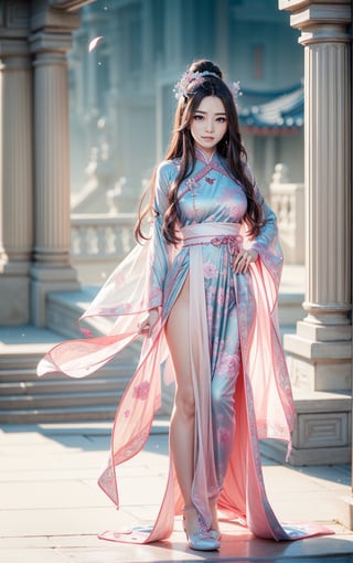 best quality, masterpiece, beautiful and aesthetic, 16K, Magnificent ancient Chinese palace architecture, The splendid ancient Chinese palace architecture, big blue moon, dark night, snow blowing, 1 girl, nude, halo, shining bracelet, (beautiful hanfu, white, pink, Hanfu with many embroideries,), The sleeves and skirt of Hanfu flutter in the wind, solo, {beautiful and detailed eyes}, melancholy expression, natural and soft light, delicate facial features, vearrings, Gorgeous necklace, ((sexy pose,)), Glamor body type, (white hair,), bun,very long hair, hair past hip, curly hair, flim grain, realhands, masterpiece, Best Quality, photorealistic, ultra detailed, finely detailed, high resolution, perfect dynamic composition, beautiful detailed eyes, eye smile, ((nervous, embarrassed,)), sharp focus, full body, sexy pose,