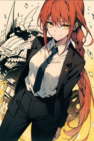 cowboy shot,1girl,makima (chainsaw man, red hair,yellow eyes,ringed eyes,braided ponytail, makima, long hair, smile, bangs, (medium breasts:1.2), (yellow eyes:1.2), braid, red hair, braided ponytail, ringed eyes, shirt, long sleeves, white shirt, necktie, collared shirt, pants, black pants, formal, suit, black necktie, shirt tucked in, office lady