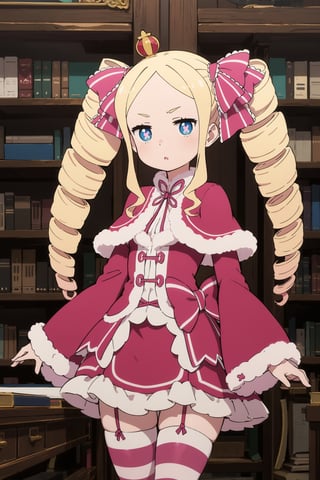 1 girl, adult woman, alone, blonde hair, long hair, twin drills, side locks, V-shaped eyebrows, blue eyes, symbol-shaped pupils, medium breasts, hair ribbon, pink bow, cape with decorations fur, red cape, dress, ruffled dress, red dress, bow, ribbon, long sleeves, separate sleeves, wide sleeves, ruffles, thigh high stockings, striped stockings, neckline, library
