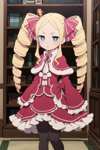 Betty, 1 girl, alone, blonde hair, long hair, twin drills, sidelocks, v-shaped eyebrows, hair ribbon, pink bow, fur-trimmed capelet, red capelet, dress, frilled dress, red dress, bow, ribbon, long sleeves, wide sleeves, frills, pantyhose, striped pantyhose, blue eyes, symbol-shaped pupils
