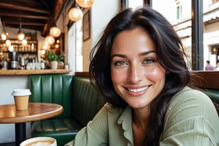 (Beauty photograph:1.3) of a italian woman, 36 years old, full natural lips, (freckles:1.1),smiling, long black hair, green eyes, tanned skin, high cheekbones, (wide bulbous nose:1.2), (nose turned upward:1.2), (daily outfit), in a cafe, muted colours, vaporwave aesthetics, (photorealistic:1.3), from above, well-lit, (shot on Hasselblad 500CM:1.4),  (photorealistic:1.3), highest quality, detailed and intricate, original shot, detailmaster2,