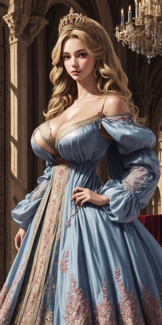 1 girl, beautiful 18 y.o. medieval girl, blonde hair:2, long hair:2, photorealistic:1.4, big breasts:2, 16k, medieval dress:2, luxurious fabric, intricate embroidery, open-shoulder:1.5, posing inside a medieval castle, intricate:2, ardent:1.3, gentle:1.3, noble:1.4, regal:1.4, medieval:2, dynamic pose:2,More Detail,renaissance girl,Big bearsts