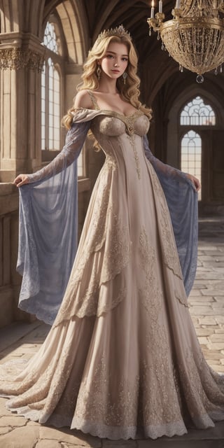 1 girl, beautiful 18 y.o. medieval girl, blonde hair:2, long hair:2, photorealistic:1.4, big breasts:2, 16k, medieval dress:2, luxurious fabric, intricate embroidery:1.5, open-shoulder:1.5, posing inside a medieval castle, intricate:2, ardent:1.3, gentle:1.3, noble:1.4, regal:1.4, medieval:2, dynamic pose:2,More Detail,princess dress,renaissance girl