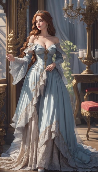 1 girl, full body image, beautiful 18 y.o. medieval girl, strawberry blonde hair:2, long hair:2, shimmering_makeup:1.7, slender:1.4, photorealistic:1.4, big breasts:2, 16k, historical dress:2, off-shoulder:1.4, luxurious fabric, intricate embroidery, posing inside a medieval castle, intricate:2, ardent:1.3, gentle:1.3, noble:1.4, regal:1.4, medieval:2, seductive pose:2, renaissance girl, big bearsts, wrenchfaeflare,wrenchrococodome,glowwave,VICTORIAN DRESS,princess dress