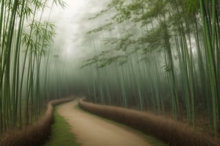 The path, between lush bamboo trees, misty, foggy