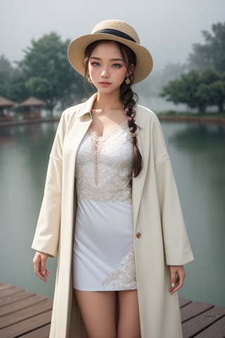 A beautiful Indonesian girl, green eyes, braided hairstyles, small breast, thick thighs, wearing a white shirt and a long coat with intricate pattern detail, boater hat, standing in the small lake dock, rainy, misty, foggy, depth of field, bokeh, cinematic, masterpiece, best quality, high resolution