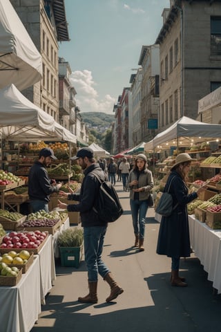 A whimsical interpretation of a bustling farmers' market, with exaggerated colors and shapes