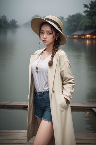 A beautiful Indonesian girl, green eyes, braided hairstyles, small breast, thick thighs, wearing a white shirt and a long coat with intricate pattern detail, boater hat, standing in the small lake dock, twilight, rainy, misty, foggy, depth of field, bokeh, cinematic, masterpiece, best quality, high resolution