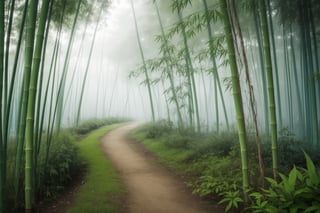 Landscape, small path, between lush bamboo trees, misty, foggy, mystical, mysterious, blue vibes