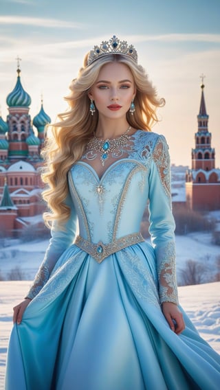 best quality, masterpiece,	
Amidst the winter wonderland of Russia, a beautiful girl with very long wavy blonde hair stands out against the snow-covered landscape, embodying the elegance of Rococo style. Her attire, a harmonious blend of the latest fashion trends and traditional Russian elements, dazzles with ornate jewelry that sparkles like the icy terrain around her. This enchanting scene, set against the backdrop of a quintessential Russian setting, showcases her as a modern-day princess, bridging the gap between the opulence of the past and the chic style of the present.
ultra realistic illustration, siena natural ratio, ultra hd, realistic, vivid colors, highly detailed, UHD drawing, perfect composition, ultra hd, 8k, he has an inner glow, stunning, something that even doesn't exist, mythical being, energy, molecular, textures, iridescent and luminescent scales, breathtaking beauty, pure perfection, divine presence, unforgettable, impressive, breathtaking beauty, Volumetric light, auras, rays, vivid colors reflects.