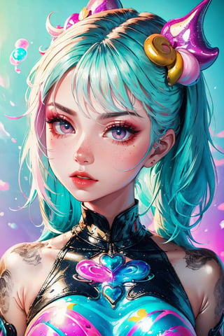 beautiful kawaii naughty girl, hyper detailed, cotton candy curly hair, candy freckles, bright makeup, holographic transparent candy dress, close-up portrait, highly detailed illustration, candyland character design, surrounded by swirls of ice cream and cream butter Pale pastel colors, bubblegum bubbles, gradient background. the candy girl,3D MODEL,Worldwide trending artwork