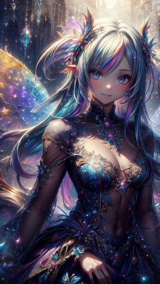 FACE FOCUS, RAINBOW HAIRED WOMAN, full body seiza pose, top_view, best quality, masterpiece, beautiful and aesthetic, 16K, (HDR:1.4), high contrast, (vibrant color:0.5), , (tmasterpiece, best:1.2), (LONG_RAINBOW_STRAIGHT_HAIR_HUMAN_GIRL:1.5), perfect hands, gorgeous perfect symmetrical eyes, (wears detailed fairy dress:1.5), intricate detailing, finely eye and detailed face, extremely long hair, light theme, fantasy fairy dress, huge fairy wings, fairy garden background, cute smiling face, Perfect eyes, Equal eyes, Fantastic lights and shadows、 Uses backlight and rim light, huoshen, More Detail, zhurongshi, breakdomain,1 girl,Niji style ,YorForger,yoimiyadef,DonMF41ryW1ng5,gem