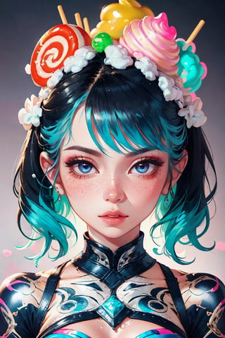 beautiful kawaii naughty girl, hyper detailed, cotton candy curly hair, candy freckles, bright makeup, holographic transparent candy dress, close-up portrait, highly detailed illustration, candyland character design, surrounded by swirls of ice cream and cream butter Pale pastel colors, bubblegum bubbles, gradient background. the candy girl,3D MODEL,Worldwide trending artwork