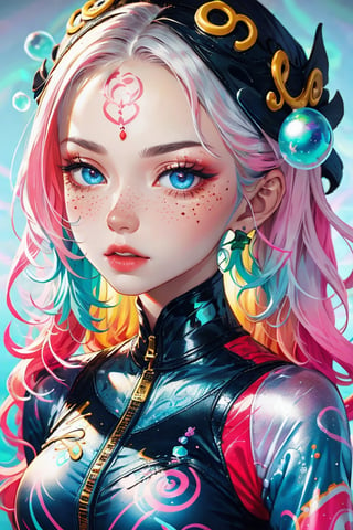 beautiful kawaii naughty girl, hyper detailed, cotton candy curly hair, candy freckles, bright makeup, holographic transparent candy dress, close-up portrait, highly detailed illustration, candyland character design, surrounded by swirls of ice cream and cream butter Pale pastel colors, bubblegum bubbles, gradient background. the candy girl,3D MODEL,Worldwide trending artwork