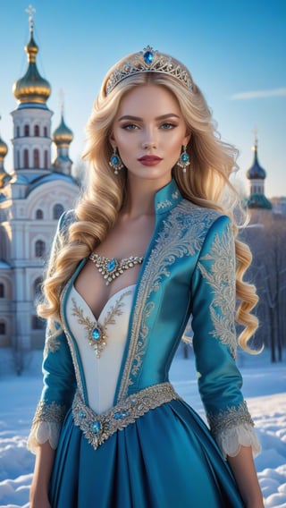 best quality, masterpiece,	
Amidst the winter wonderland of Russia, a beautiful girl with very long wavy blonde hair stands out against the snow-covered landscape, embodying the elegance of Rococo style. Her attire, a harmonious blend of the latest fashion trends and traditional Russian elements, dazzles with ornate jewelry that sparkles like the icy terrain around her. This enchanting scene, set against the backdrop of a quintessential Russian setting, showcases her as a modern-day princess, bridging the gap between the opulence of the past and the chic style of the present.
ultra realistic illustration, siena natural ratio, ultra hd, realistic, vivid colors, highly detailed, UHD drawing, perfect composition, ultra hd, 8k, he has an inner glow, stunning, something that even doesn't exist, mythical being, energy, molecular, textures, iridescent and luminescent scales, breathtaking beauty, pure perfection, divine presence, unforgettable, impressive, breathtaking beauty, Volumetric light, auras, rays, vivid colors reflects.