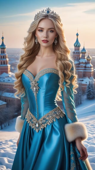 best quality, masterpiece,	
Amidst the winter wonderland of Russia, a beautiful girl with very long wavy blonde hair stands out against the snow-covered landscape, embodying the elegance of Rococo style. Her attire, a harmonious blend of the latest fashion trends and traditional Russian elements, dazzles with ornate jewelry that sparkles like the icy terrain around her. This enchanting scene, set against the backdrop of a quintessential Russian setting, showcases her as a modern-day princess, bridging the gap between the opulence of the past and the chic style of the present.
ultra realistic illustration, siena natural ratio, ultra hd, realistic, vivid colors, highly detailed, UHD drawing, perfect composition, ultra hd, 8k, he has an inner glow, stunning, something that even doesn't exist, mythical being, energy, molecular, textures, iridescent and luminescent scales, breathtaking beauty, pure perfection, divine presence, unforgettable, impressive, breathtaking beauty, Volumetric light, auras, rays, vivid colors reflects.