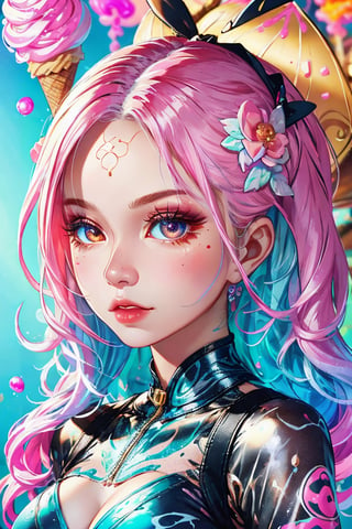 beautiful kawaii naughty girl, hyper detailed, cotton candy curly hair, candy freckles, bright makeup, holographic transparent candy dress, close-up portrait, highly detailed illustration, candyland character design, surrounded by swirls of ice cream and cream butter Pale pastel colors, bubblegum bubbles, gradient background. the candy girl,3D MODEL,Worldwide trending artwork