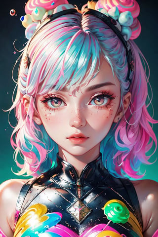 beautiful kawaii naughty girl, hyper detailed, cotton candy curly hair, candy freckles, bright makeup, holographic transparent candy dress, close-up portrait, highly detailed illustration, candyland character design, surrounded by swirls of ice cream and cream butter Pale pastel colors, bubblegum bubbles, gradient background. the candy girl,3D MODEL,Worldwide trending artwork