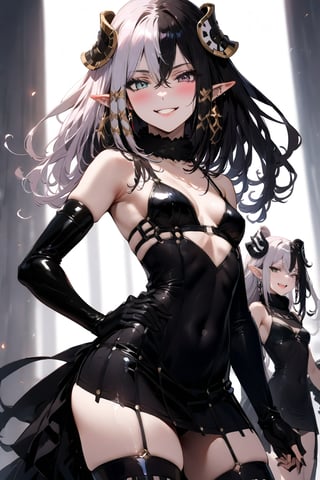 1 girl, alone, Antilene_Heran_Fouche \(overlord\), 1girl, elf, long ears, black eyes, gray eyes, heterochromia, two-tone hair, hair between eyes, exposed abdomen, bangs, small breasts, shiny hair, eyelashes, makeup, lipstick , lips, black bra, black panties  ,black thigh-high stockings, elbow-length gloves, choker, earrings, big smile, very happy, incredibly happy, very blushing, blushing face, masterful work of art, incredibly detailed, top quality, beautiful, standing, with hands on hips.,mirham