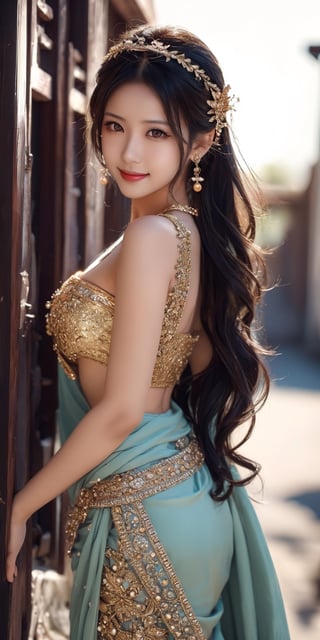 A full body photo of beautiful with a realistic Asian's skin colour. There are a few small spots or small moles or small warts scattered on the skin of the body. The big chest is very concentrated and firm. She has light makeup on her face, smiles, and has bright eyes. Nice hands, perfect hands, perfect fingers, eyes looking into the camera, random hairstyles and hair accessories, random photo poses, random face shapes, random clothing colours, random background matching, real photo quality, depth of field, clear background, backlight, 32K resolution, leg open and lift high up.