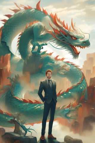a man standing in front of a dragon