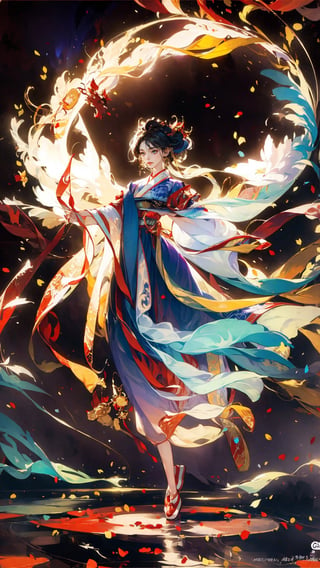 masterpiece, top quality, best quality, official art, beautiful and aesthetic:1.2), (1girl:1.9), purple-blue color long hair, ((multi-colored hanfu fashion)), wind blows, chinese dragon, golden line, (red theme:1.3), ultra-high quality, photorealistic, sky background, dynamic pose, icemagicAI