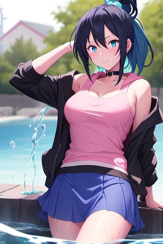 create aqua from Konosuba, with black hair, blue eyes, an open black  jacket, pink tank, blue skirt, one girl, black hoodie, no choker, manipulating water with her hands
