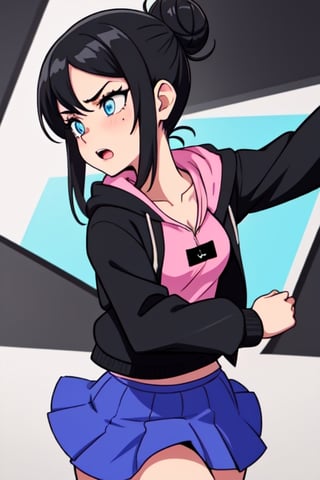 Create Serina Salamin from Epithet Erased, 19 year old with black hair, blue eyes, an open black  jacket, pink tank, blue skirt, one girl, black hoodie, no jewlewy, fighting pose, Epithet erased, hair in a bun 
