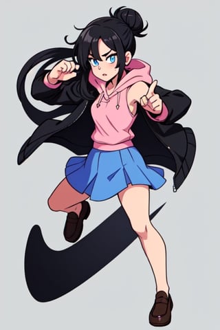 Create Serina Salamin from Epithet Erased, 19 year old with black hair, blue eyes, an open black  jacket, pink tank, blue skirt, one girl, black hoodie, no jewlewy, fighting pose, Epithet erased, hair in a bun, full body, brown loafers
