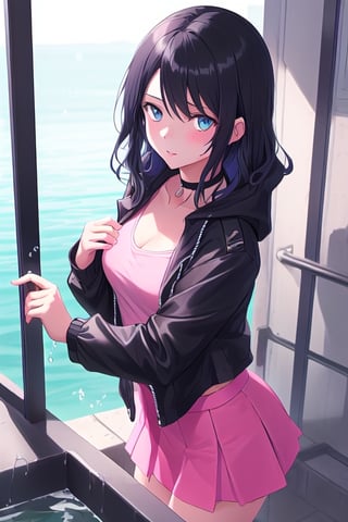 Create Serina Salamin from Epithet Erased, with black hair, blue eyes, an open black  jacket, pink tank, blue skirt, one girl, black hoodie, no choker, manipulating water with her hands
