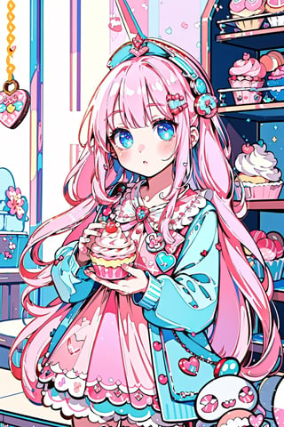 (masterpiece,  best quality,  highres:1.3), ultra resolution image,  (1girl),  (solo),  kawaii, pink hair, blue, (sweet charm:1.4),  pies,  fresh baked bread, macarons, wooden shelves with cupcakes, bakery, shop, scenery, soft, cozy, glitter,Kanna Kamui, 