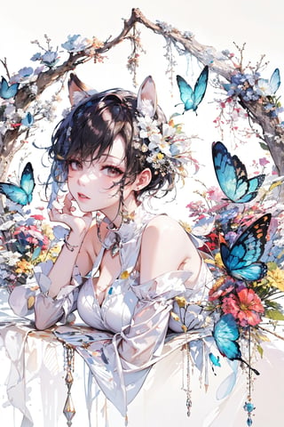 1girl, solo, breasts, looking at viewer, short hair, bangs, black hair, hair ornament, thighhighs, dress, animal ears, bare shoulders, jewelry, tail, flower, earrings, parted lips, detached sleeves, hair flower, lips, blue dress, watermark, bug, butterfly, finger to mouth, blue thighhighs, blue butterfly