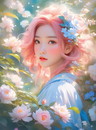 a potrait of an asian woman with pink hair rosy cheeks white skin surrounded by flowers in a garden, stunning anime face portrait, cgsociety 9, beautiful anime portrait, detailed portrait of anime girl, 🌺 cgsociety, gorgeous digital art, girl in flowers, blue flowers, wlop painting style, with frozen flowers around her, stunning cgsociety, portrait anime girl, art of wlop, beautiful anime style, faded lighting