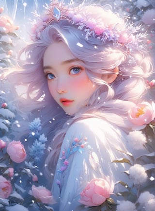 a close up potrait of an asian woman with pink lavendar hair rosy cheeks white skin purpule eyes surrounded by frozen flowers in an ice covered garden, stunning anime face portrait, cgsociety 9, beautiful anime portrait, detailed portrait of anime girl, 🌺 cgsociety, gorgeous digital art, girl in flowers, blue flowers, wlop painting style, with frozen flowers around her, stunning cgsociety, portrait anime girl, art of wlop, beautiful anime style, detailed hair, tiara