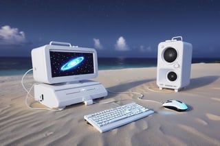(no humans), Computer Case,(color fan),(white appearance),ocean,starry_sky,star_trail,horizon,Curved monitor and a lightning keyboard and mouse