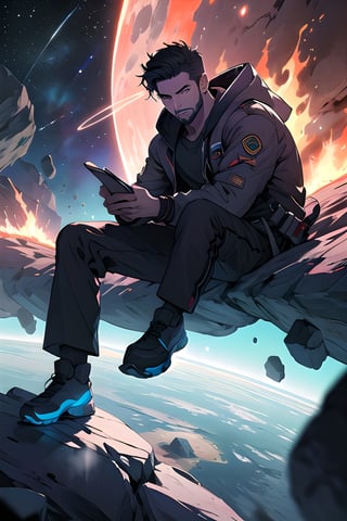 Draw a young programmer, sitting on a research platform floating in the middle of an asteroid belt. He is studying with a notebook, surrounded by several asteroids glowing with fiery auras. Dramatic lighting from distant stars and planets illuminates the scene, casting deep shadows on the suit. The young man looks confident and determined, looking at the vast and mysterious universe with wonder and respect,facial hair, cowboy shot, 