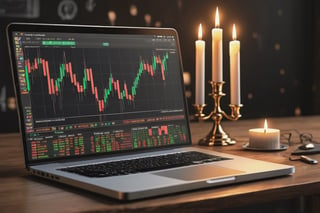 laptop with candlestick pattern trading , realistic laptop, realistic candles, aesthetic, and realistic money