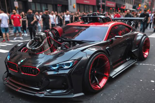 BMW M4, concept car, fancy cyborg design, futuristic, cyborg style,cyberpunk style, surrounded by people , Drifting New York City, Black color, glossy, Light red color wheels,detailmaster2, high details, front perspective view,cyberpunk,pturbo