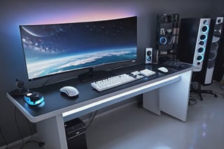 (no humans), Computer Case,(color fan),(white appearance),ocean,starry_sky,star_trail,horizon,lengthy long Curved monitor and a lightning keyboard and mouse, on a black table of a gamers rooms on wall ps4 🎮controllers many types, realistic, samsung odyssey g9 black Monitor , Computer Case,white appearance,color fan , CPU and on monitor screen there should be trading, Candlelistic pattern 