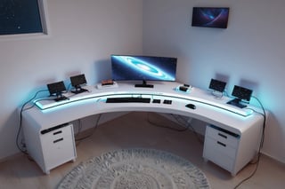 (no humans), Computer Case,(color fan),(white appearance),ocean,starry_sky,star_trail,horizon,lengthy long Curved monitor and a lightning keyboard and mouse, on a table of a gamers rooms on wall ps4 🎮remotes manu types, realistic 